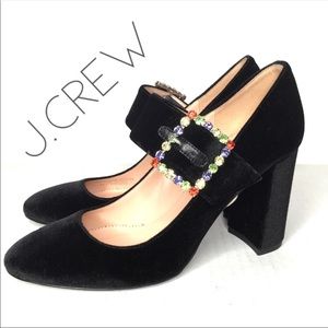NWT J. Crew velvet Mary Jane jeweled heels 7